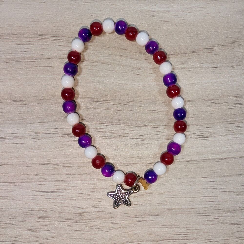 Beaded Bracelet Starfish Charm Red White Purple Stretch Beach Jewelry
